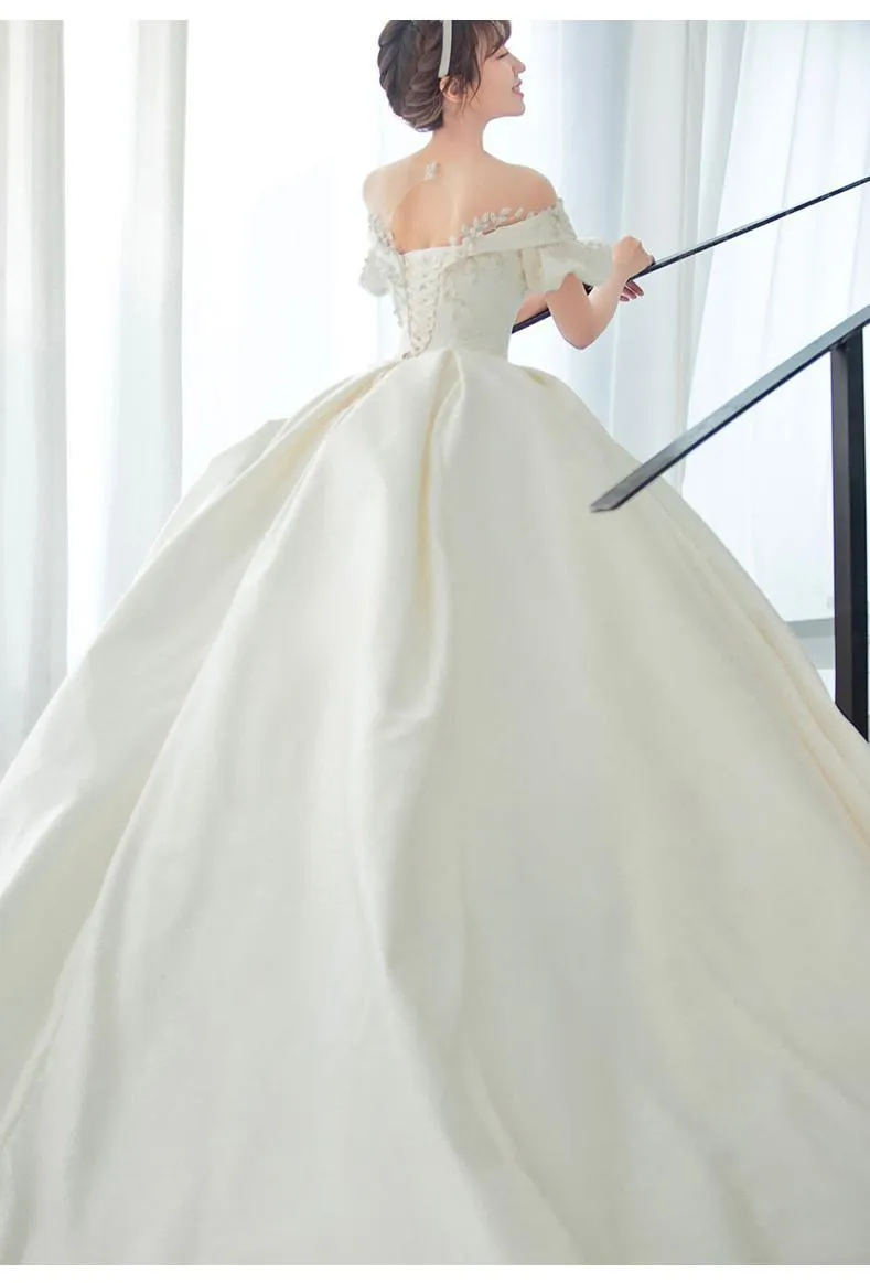 Off The Shoulder Flower Satin Wedding Dress