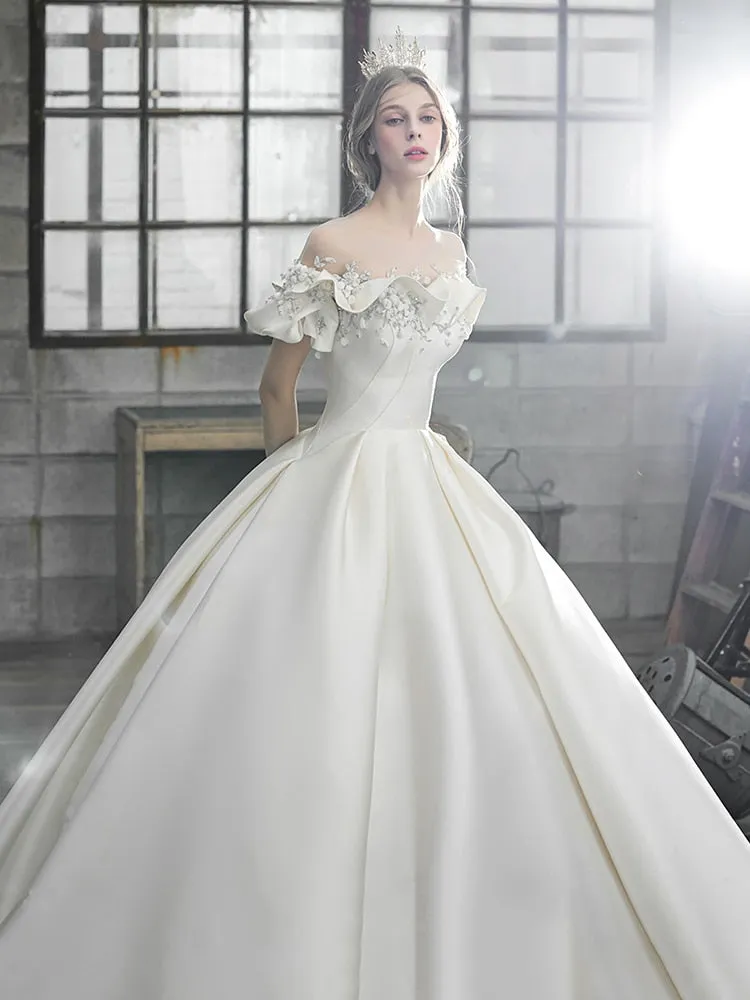 Off The Shoulder Flower Satin Wedding Dress