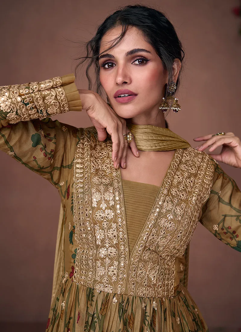 Olive Green Designer Embroidered Printed Anarkali Gown