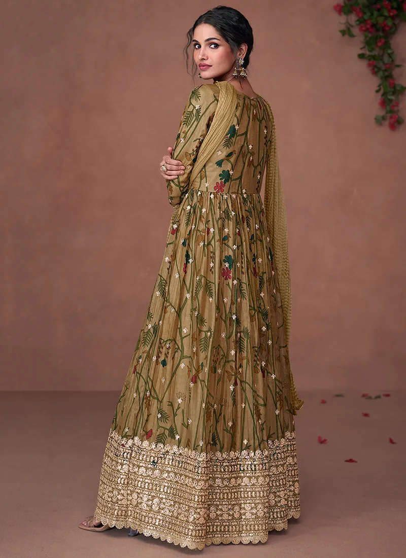 Olive Green Designer Embroidered Printed Anarkali Gown