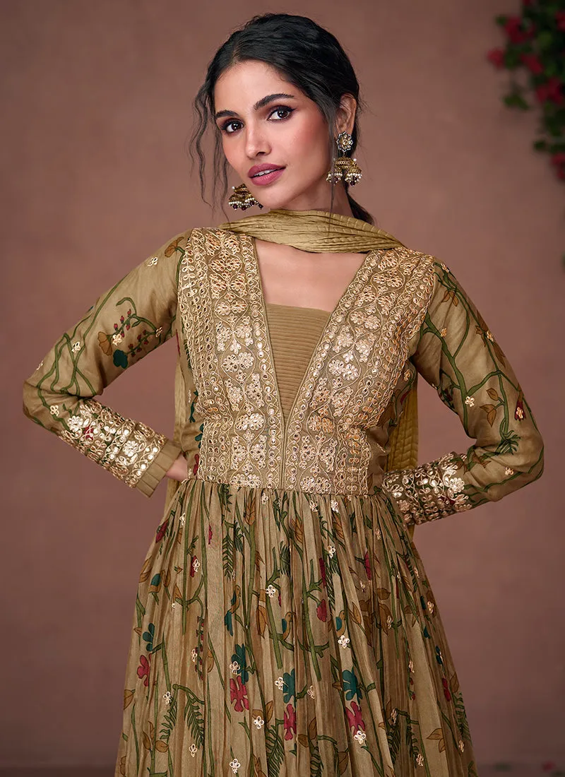 Olive Green Designer Embroidered Printed Anarkali Gown