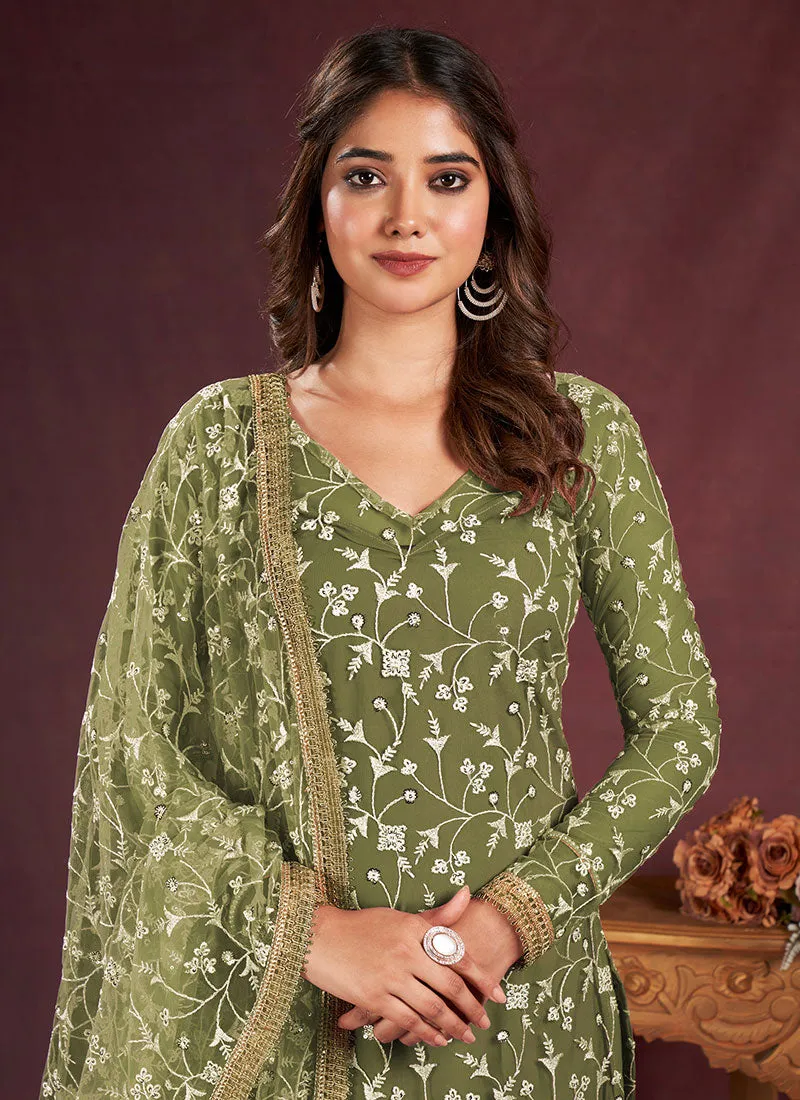 Olive Green Sequence Embroidery Pant Style Suit