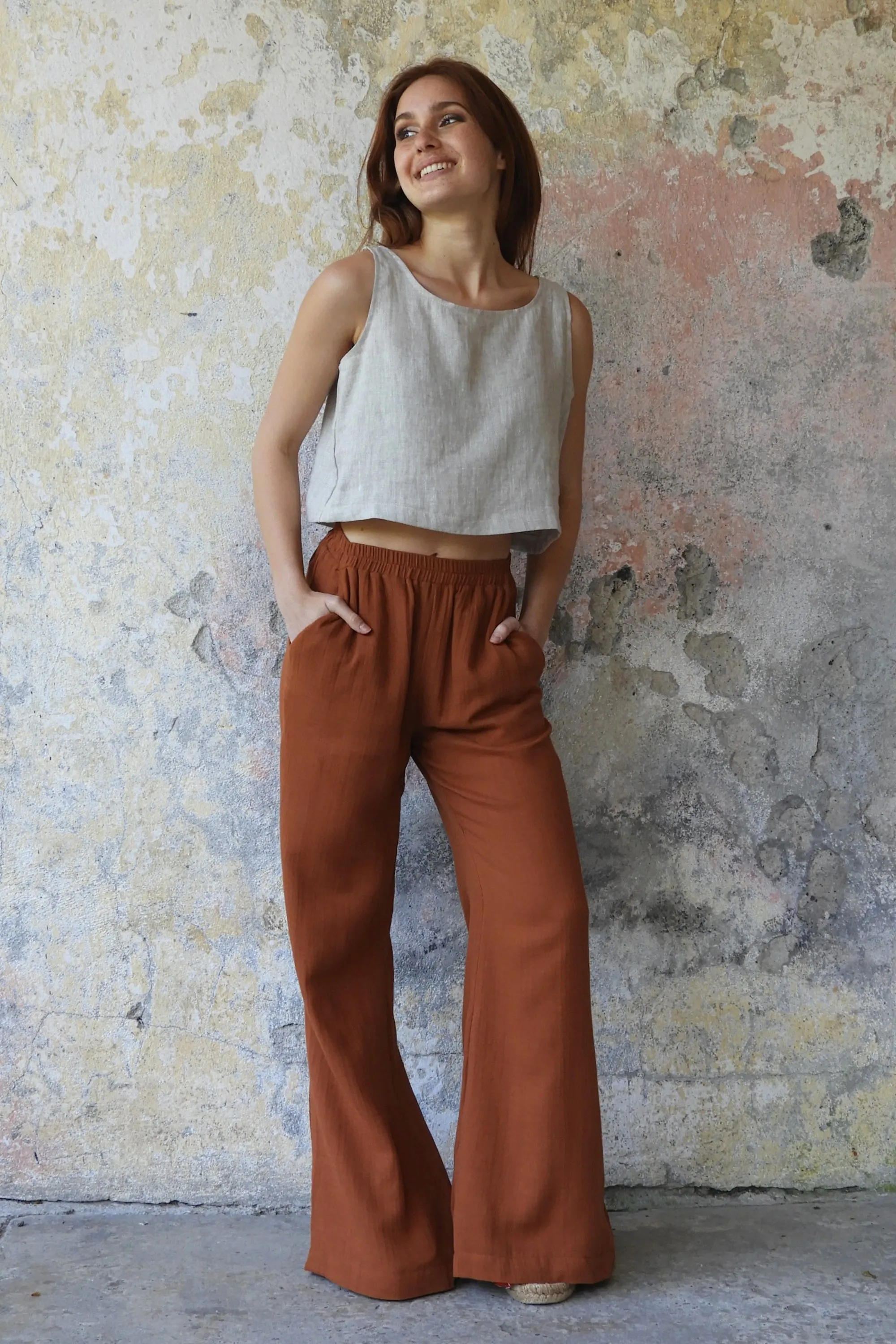 PALAZZO Women's 2Layer Organic Gauze Cotton Pants (Green, Terra Cotta, Mustard, Brown)