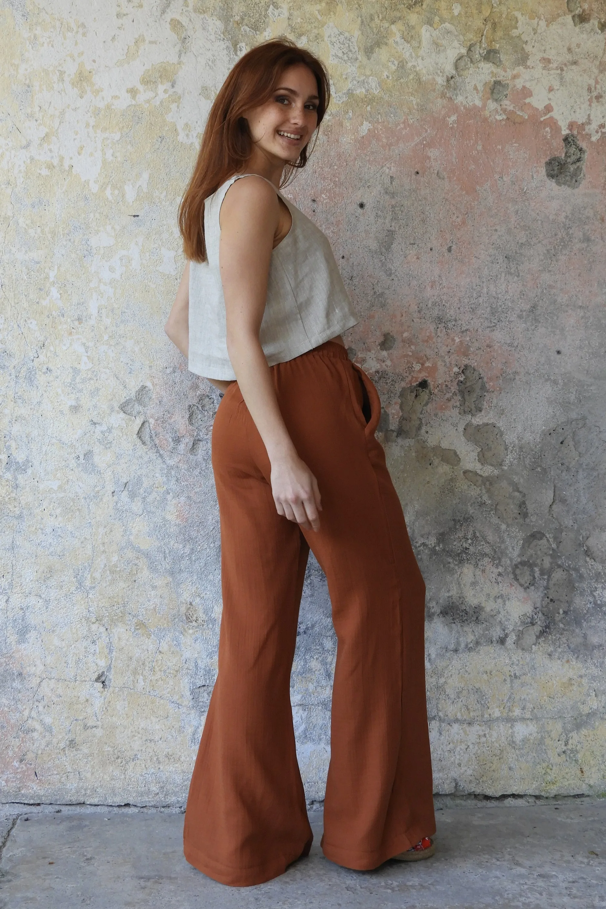 PALAZZO Women's 2Layer Organic Gauze Cotton Pants (Green, Terra Cotta, Mustard, Brown)