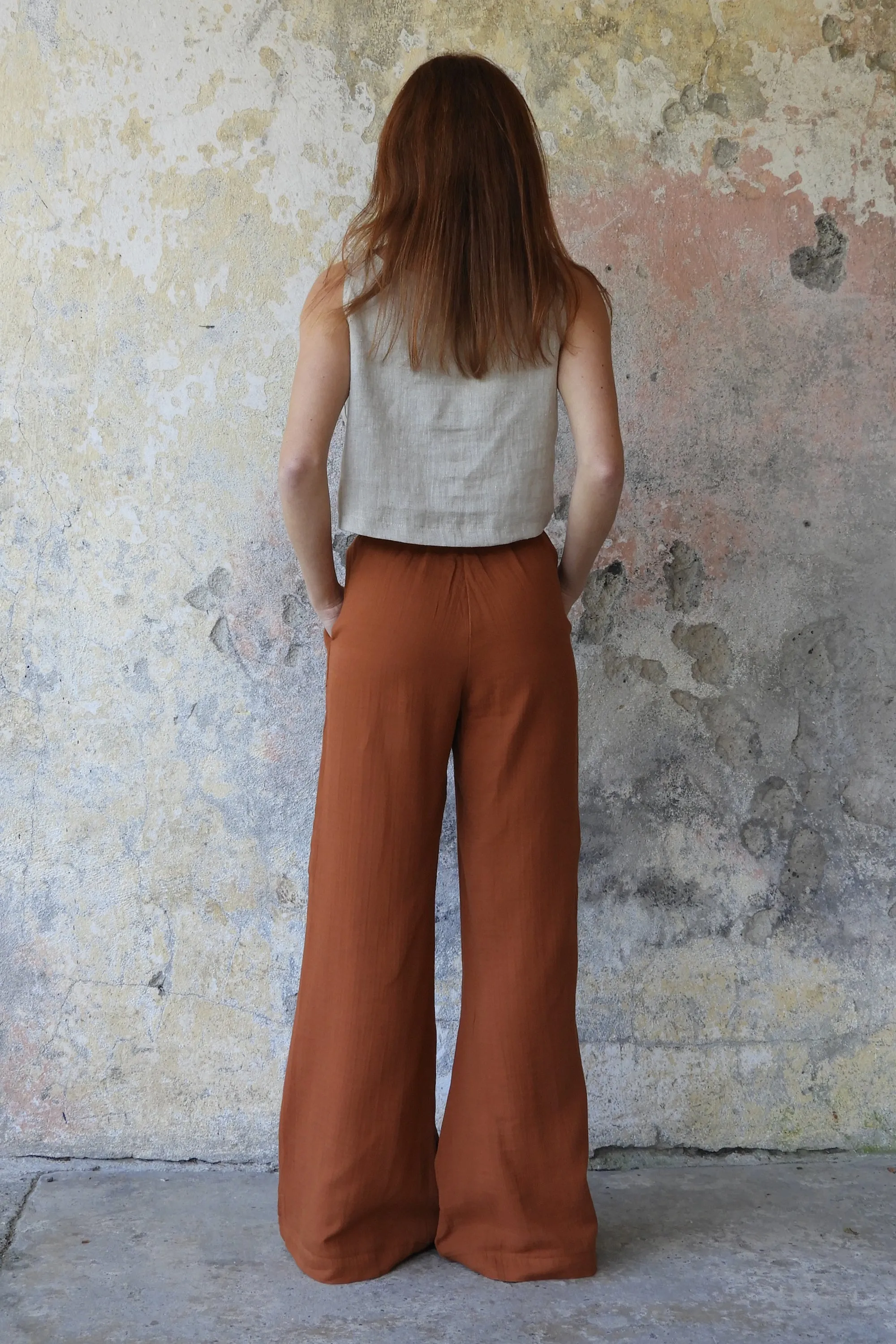 PALAZZO Women's 2Layer Organic Gauze Cotton Pants (Green, Terra Cotta, Mustard, Brown)