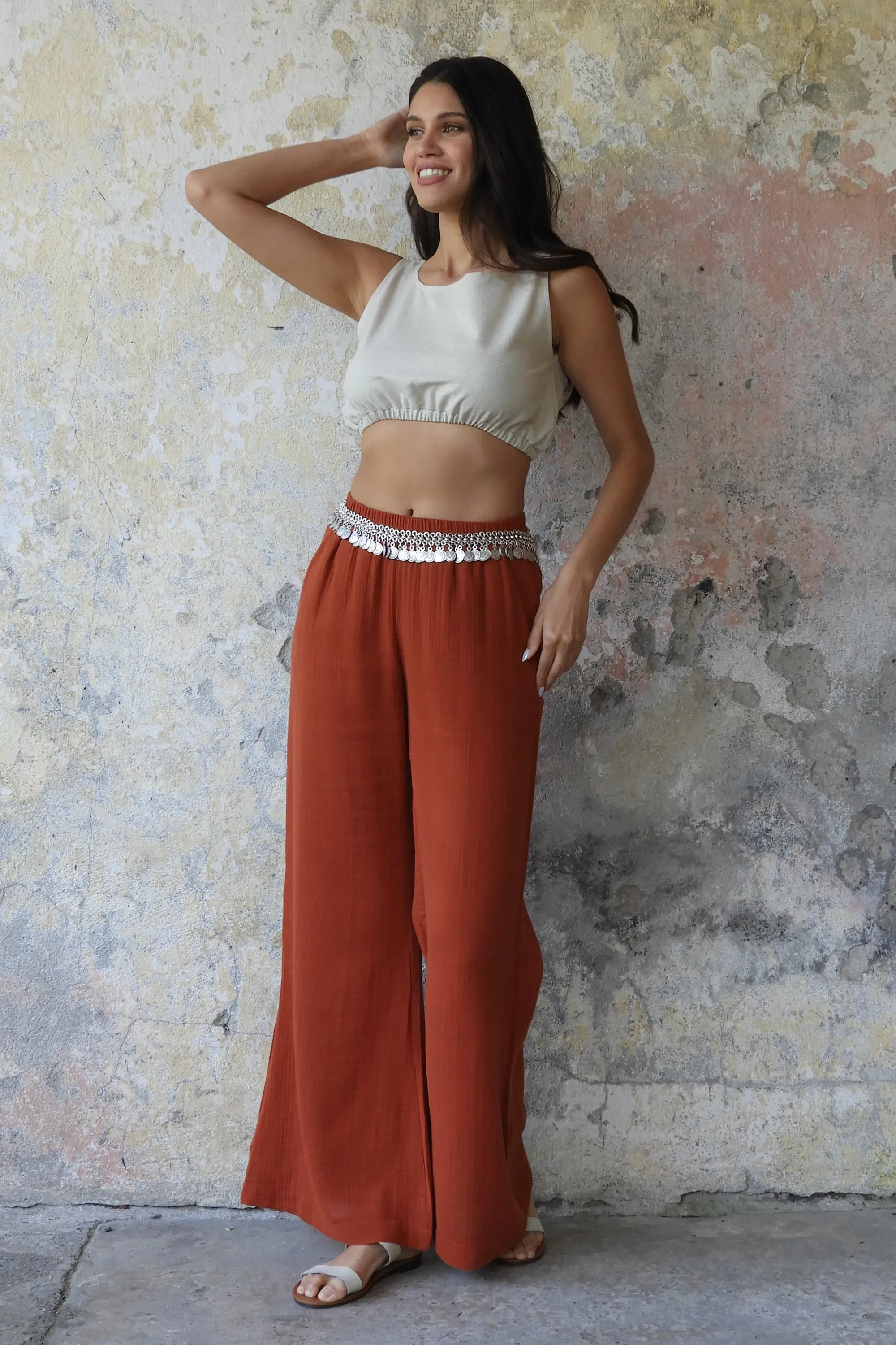 PALAZZO Women's 2Layer Organic Gauze Cotton Pants (Green, Terra Cotta, Mustard, Brown)
