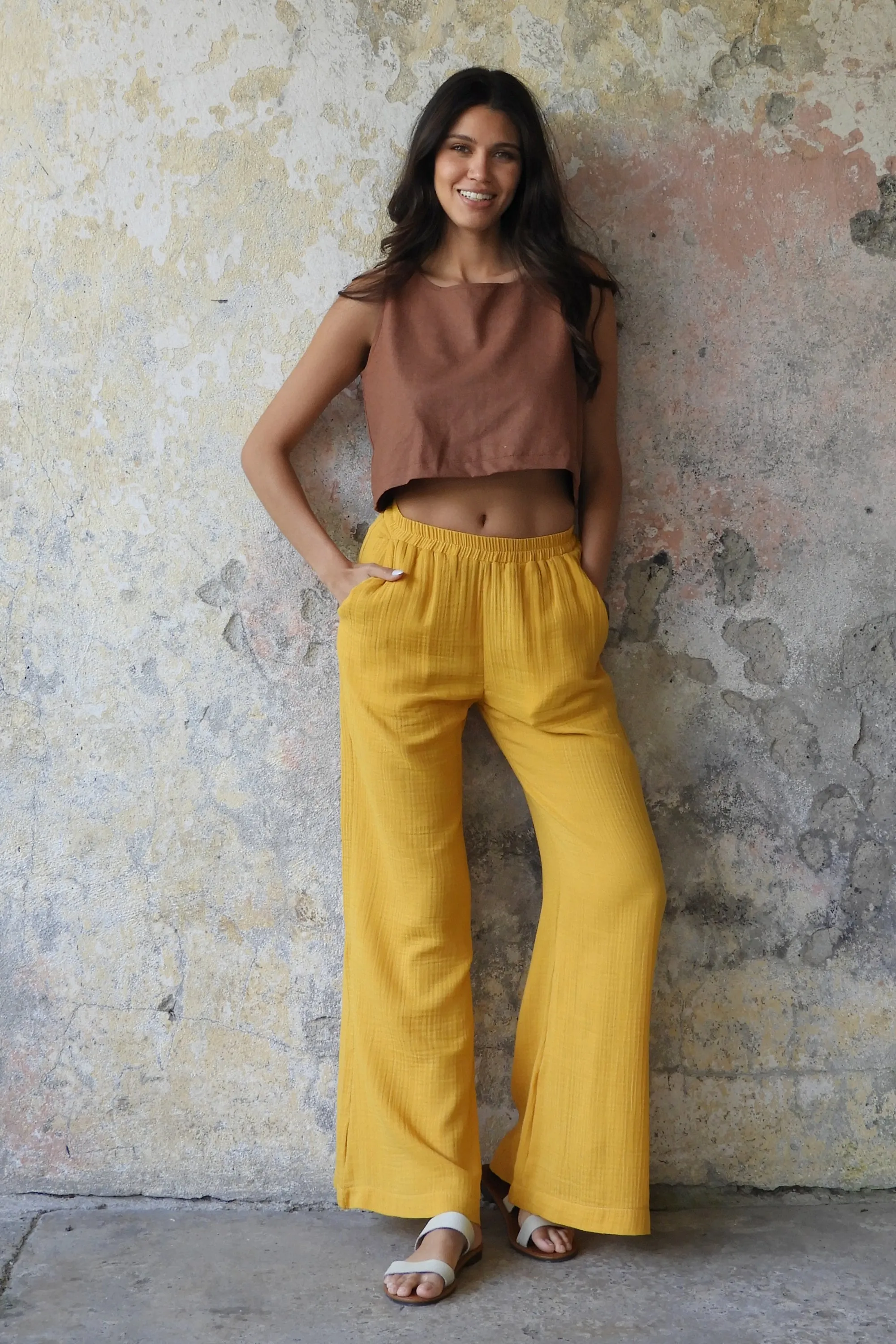 PALAZZO Women's 2Layer Organic Gauze Cotton Pants (Green, Terra Cotta, Mustard, Brown)