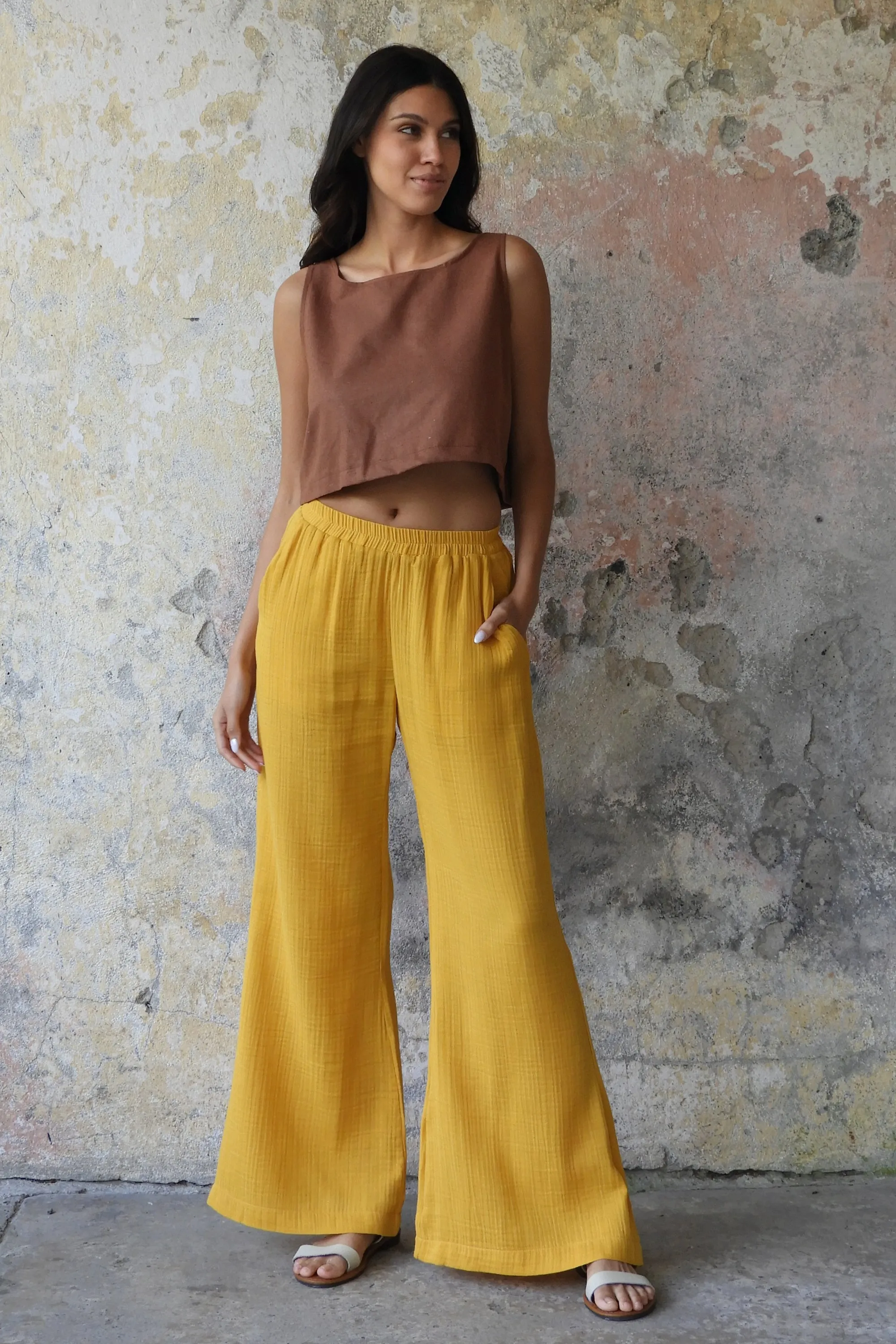 PALAZZO Women's 2Layer Organic Gauze Cotton Pants (Green, Terra Cotta, Mustard, Brown)