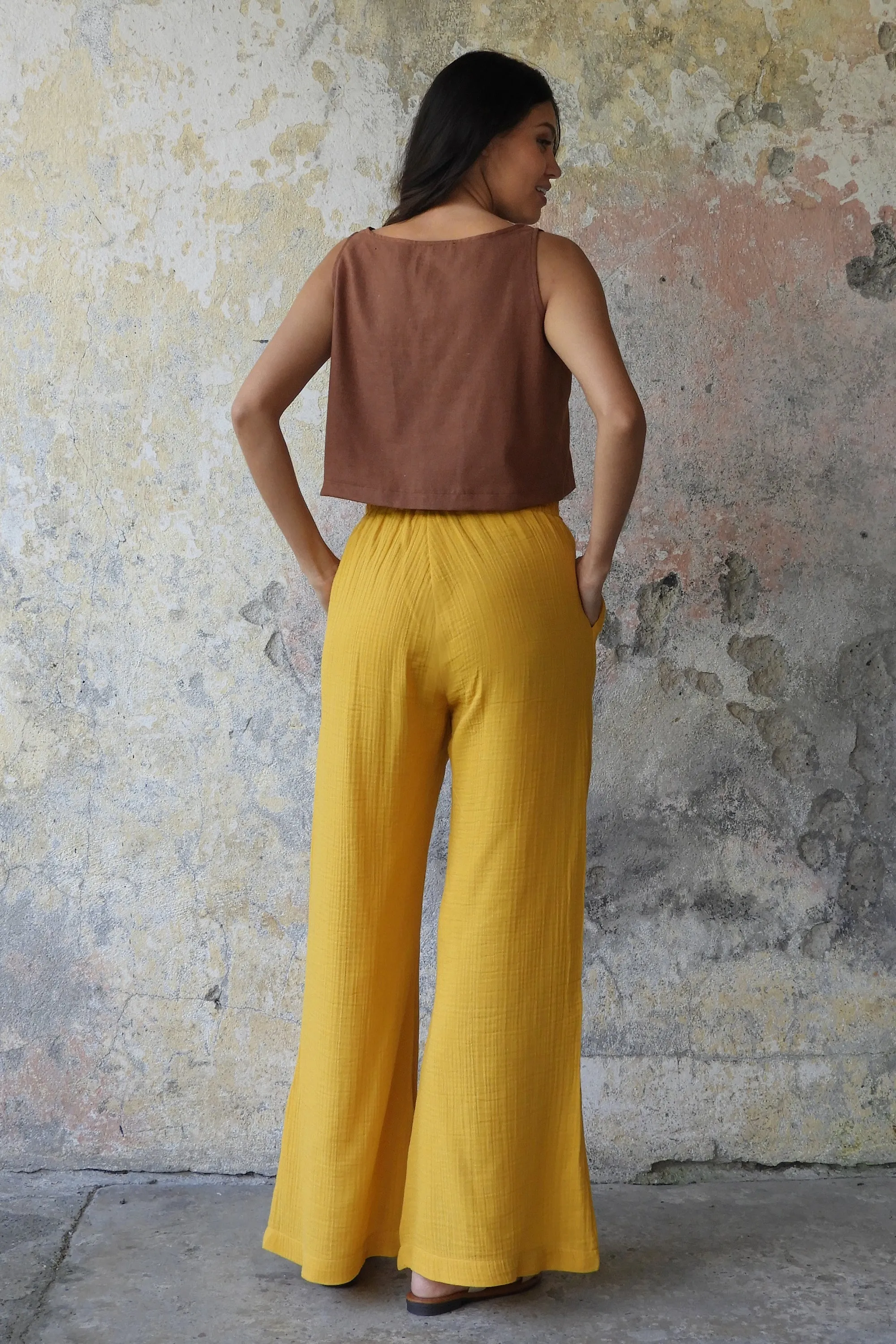 PALAZZO Women's 2Layer Organic Gauze Cotton Pants (Green, Terra Cotta, Mustard, Brown)