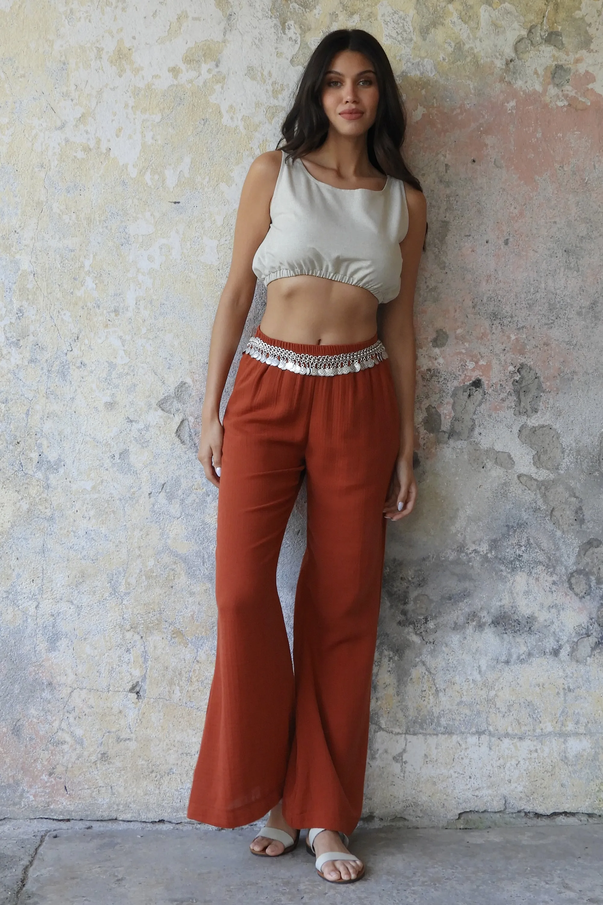 PALAZZO Women's 2Layer Organic Gauze Cotton Pants (Green, Terra Cotta, Mustard, Brown)