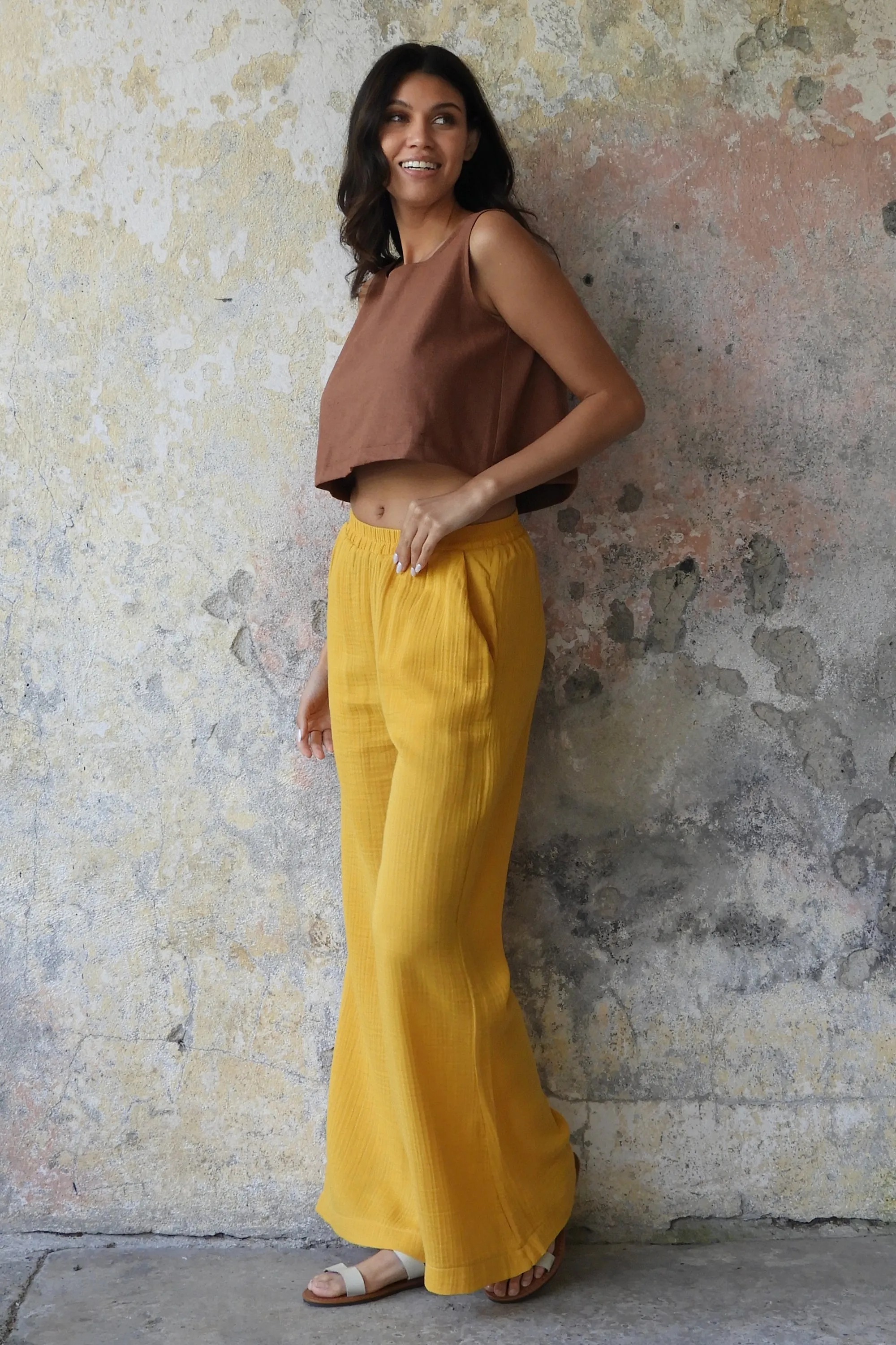 PALAZZO Women's 2Layer Organic Gauze Cotton Pants (Green, Terra Cotta, Mustard, Brown)