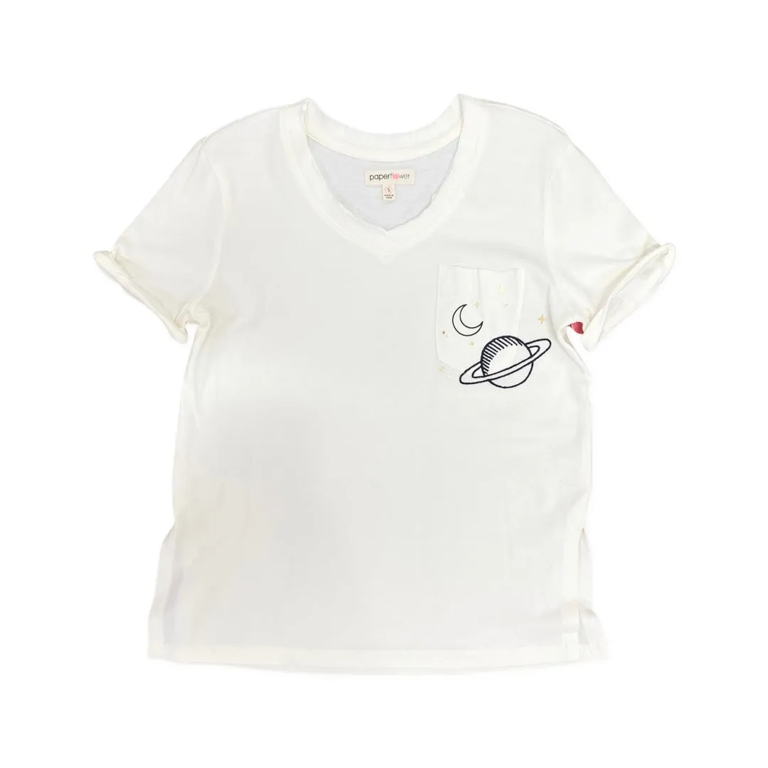Paper Flower Saturn Moon Stars Embroidery Slouchy Pocket Tee