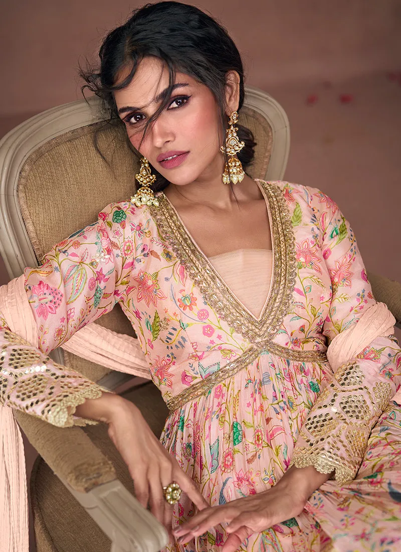 Peach Multi Designer Embroidered Printed Anarkali Gown