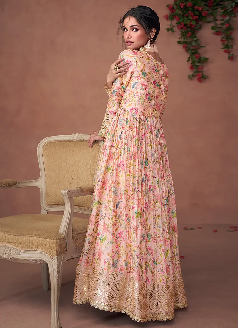 Peach Multi Designer Embroidered Printed Anarkali Gown