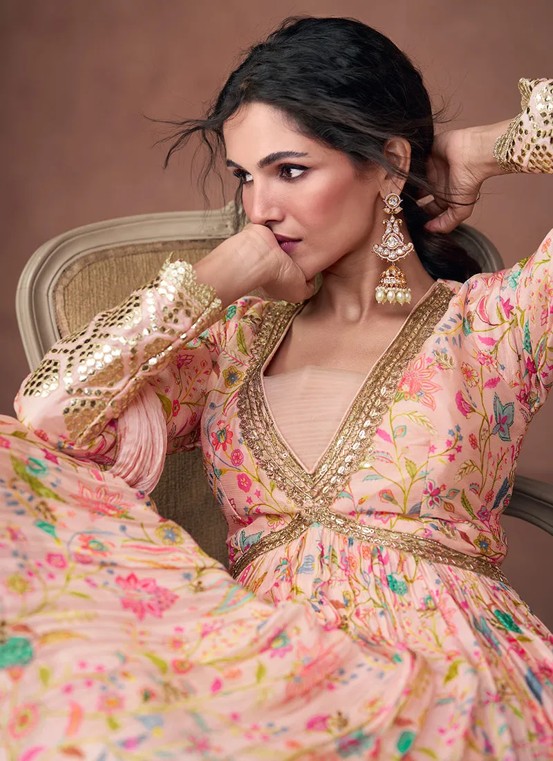 Peach Multi Designer Embroidered Printed Anarkali Gown