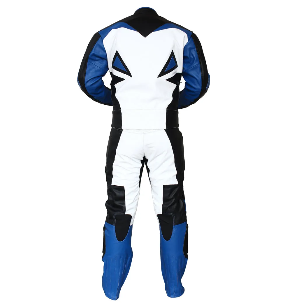 Perrini Storm 2pc Motorcycle Riding Racing Leather Track Suit Blue/White & Black