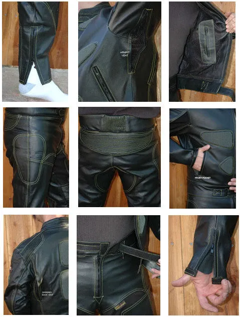 Perrini's Poison 2 pc Motorcycle Cow Hide Genuine Leather Suit Racing Full Black