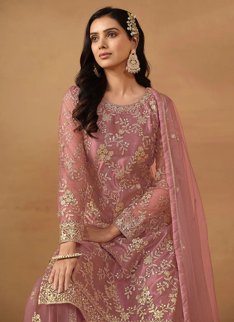Pink Embroidery Net Gharara Suit