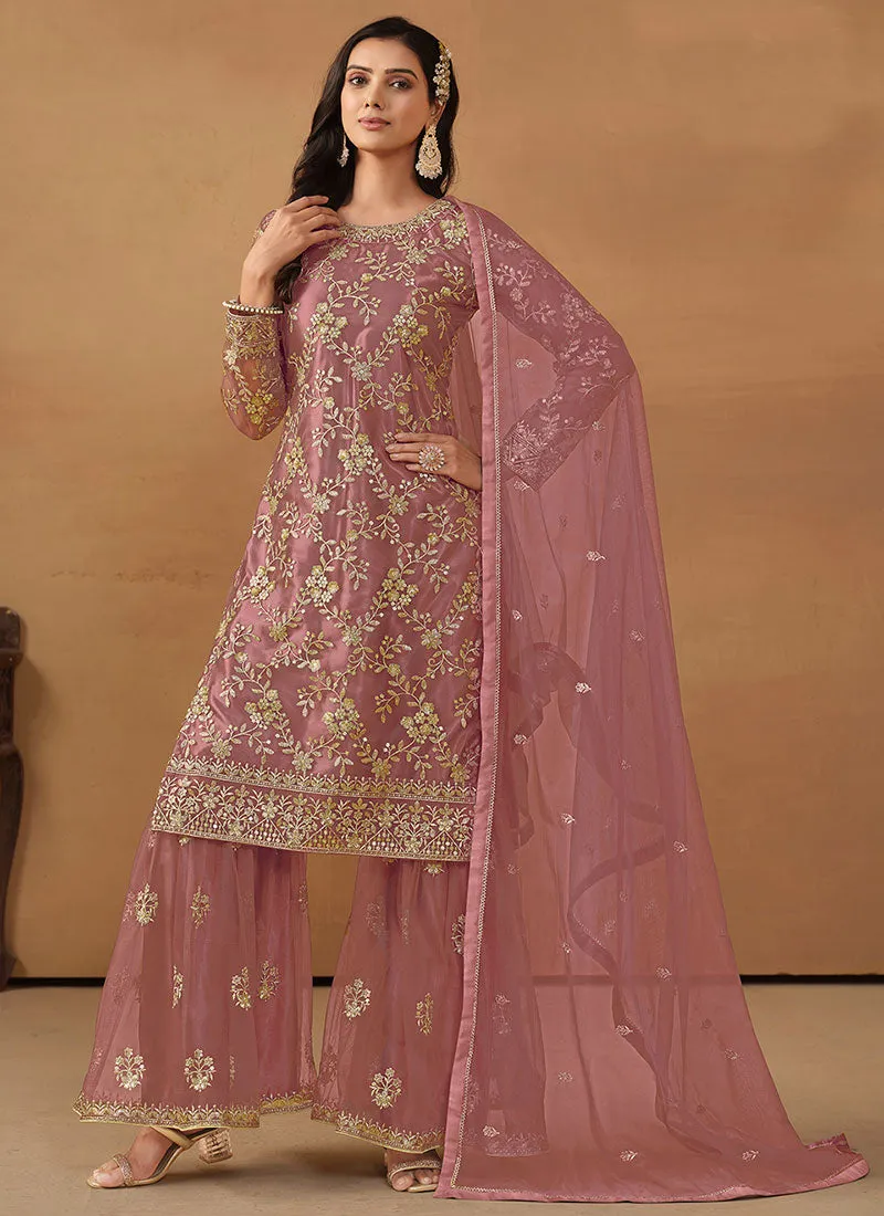 Pink Embroidery Net Gharara Suit