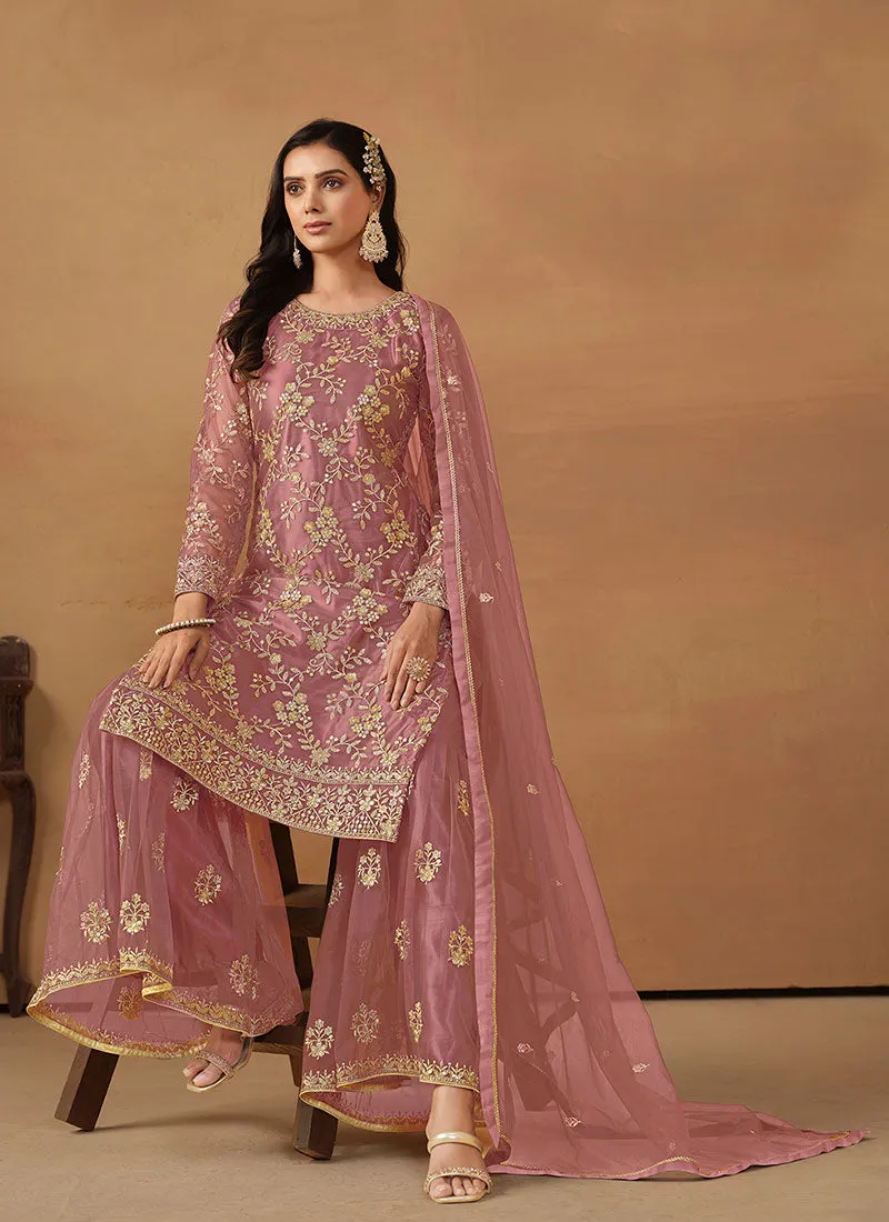 Pink Embroidery Net Gharara Suit
