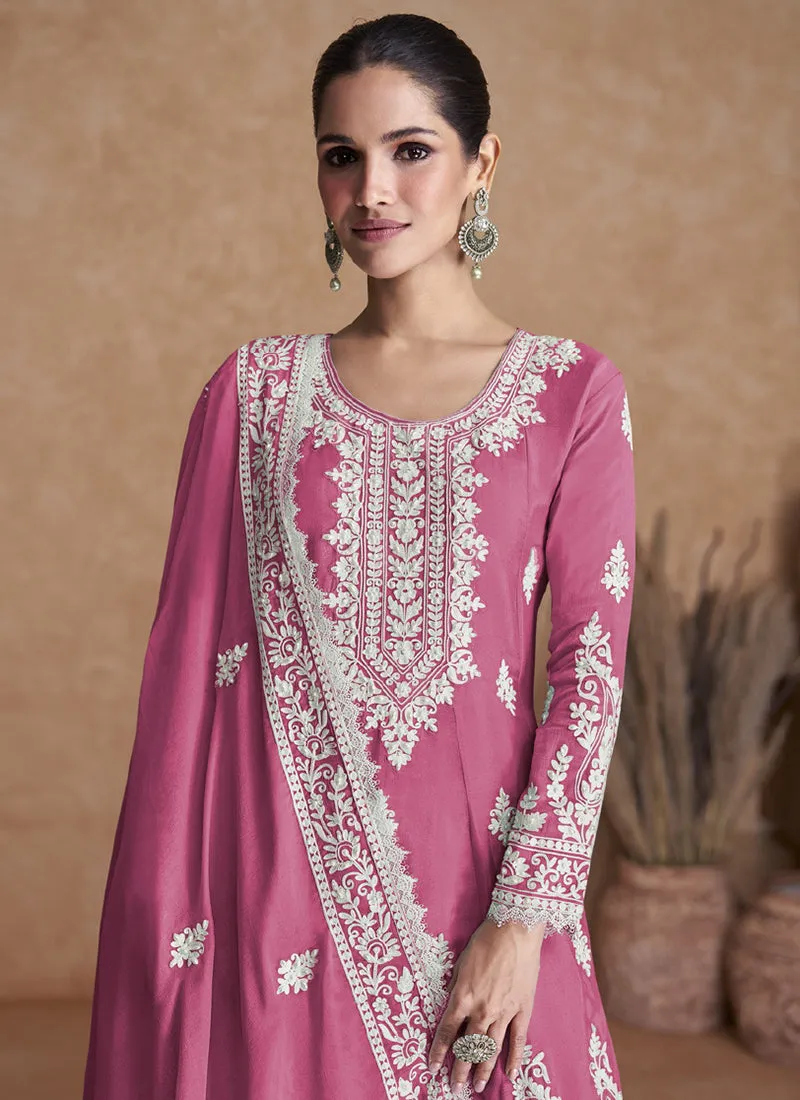 Pink Thread Work Embroidery Wedding Gharara Style Suit