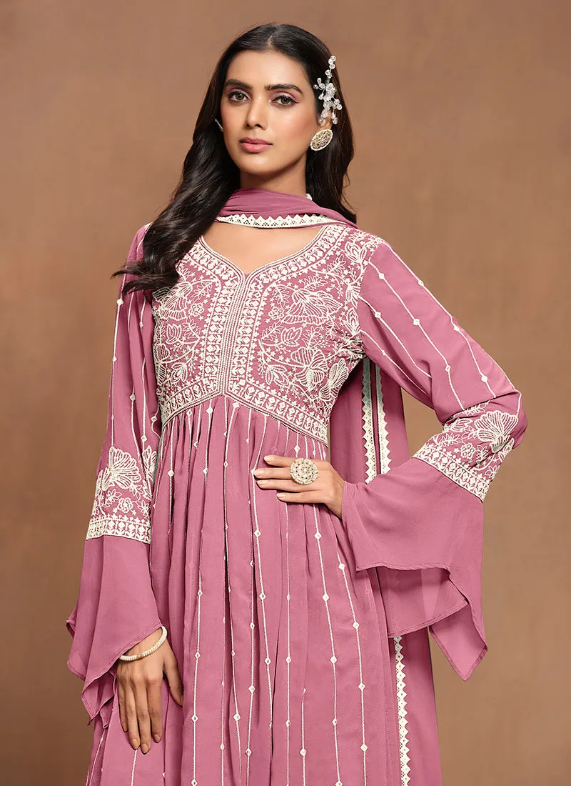 Pink White Embroidery Pleated Kurti Palazzo Suit