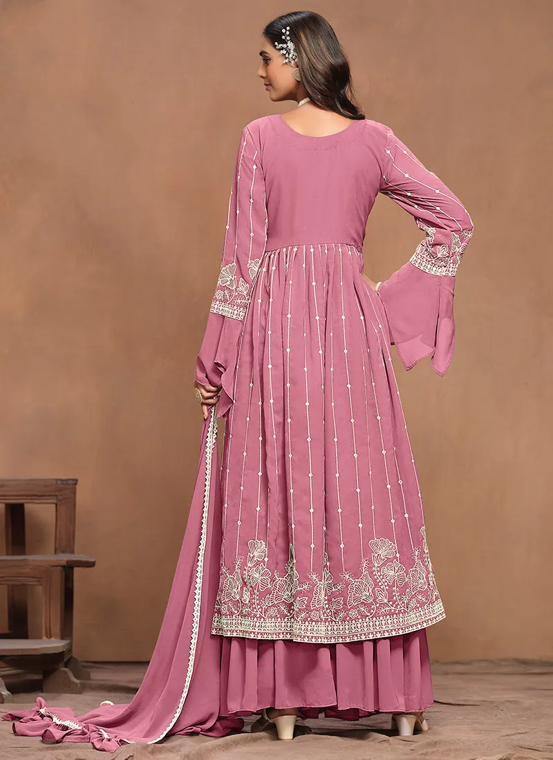 Pink White Embroidery Pleated Kurti Palazzo Suit