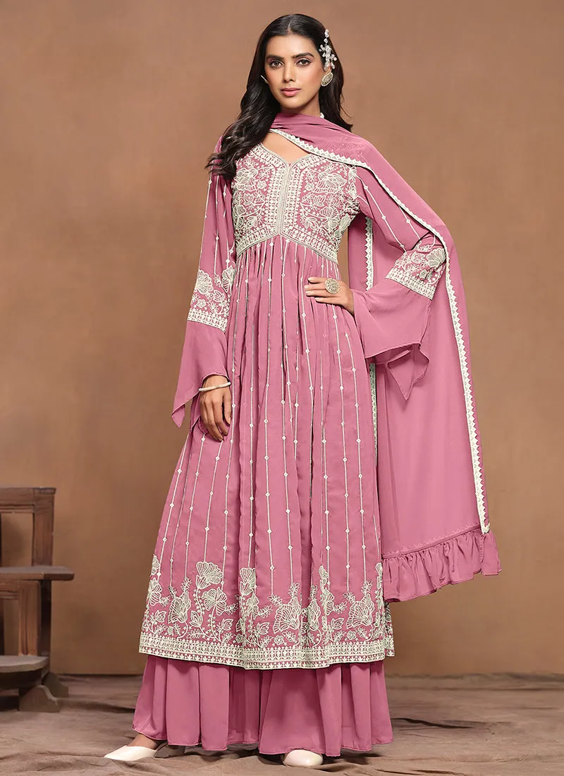 Pink White Embroidery Pleated Kurti Palazzo Suit