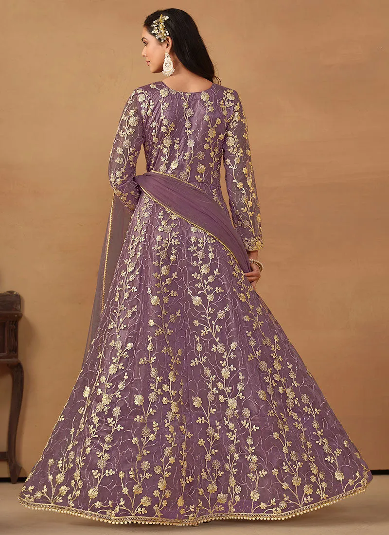 Purple Cording Embroidery Slit Style Anarkali Pant Suit