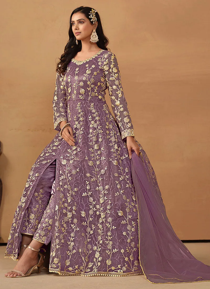 Purple Cording Embroidery Slit Style Anarkali Pant Suit