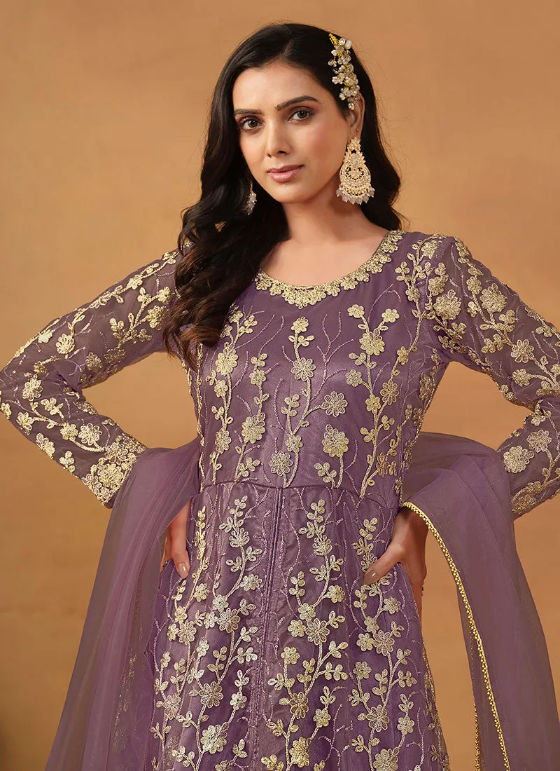 Purple Cording Embroidery Slit Style Anarkali Pant Suit