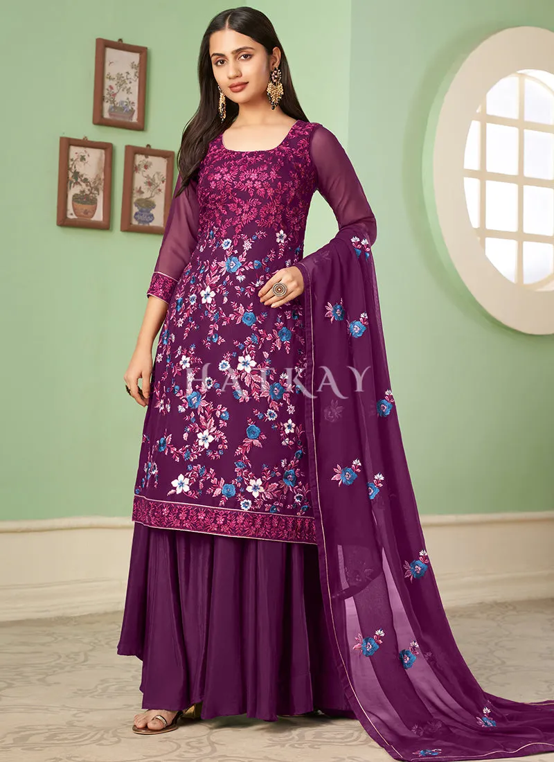 Purple Multi Embroidery Georgette Palazzo Suit