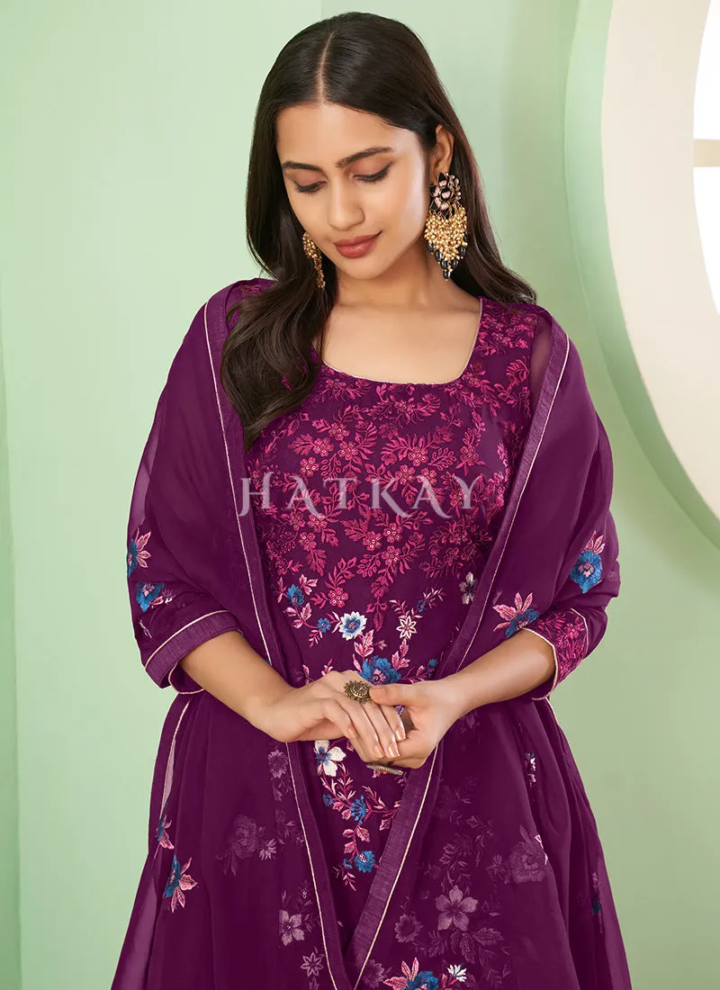 Purple Multi Embroidery Georgette Palazzo Suit