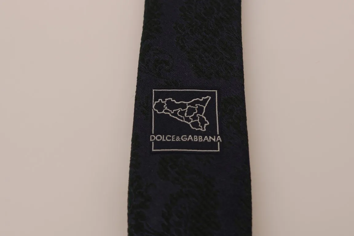 Purple Silk Black Floral Print Classic Tie