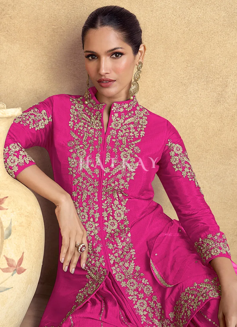 Rani Pink Threadwork Embroidery Sharara Style Suit