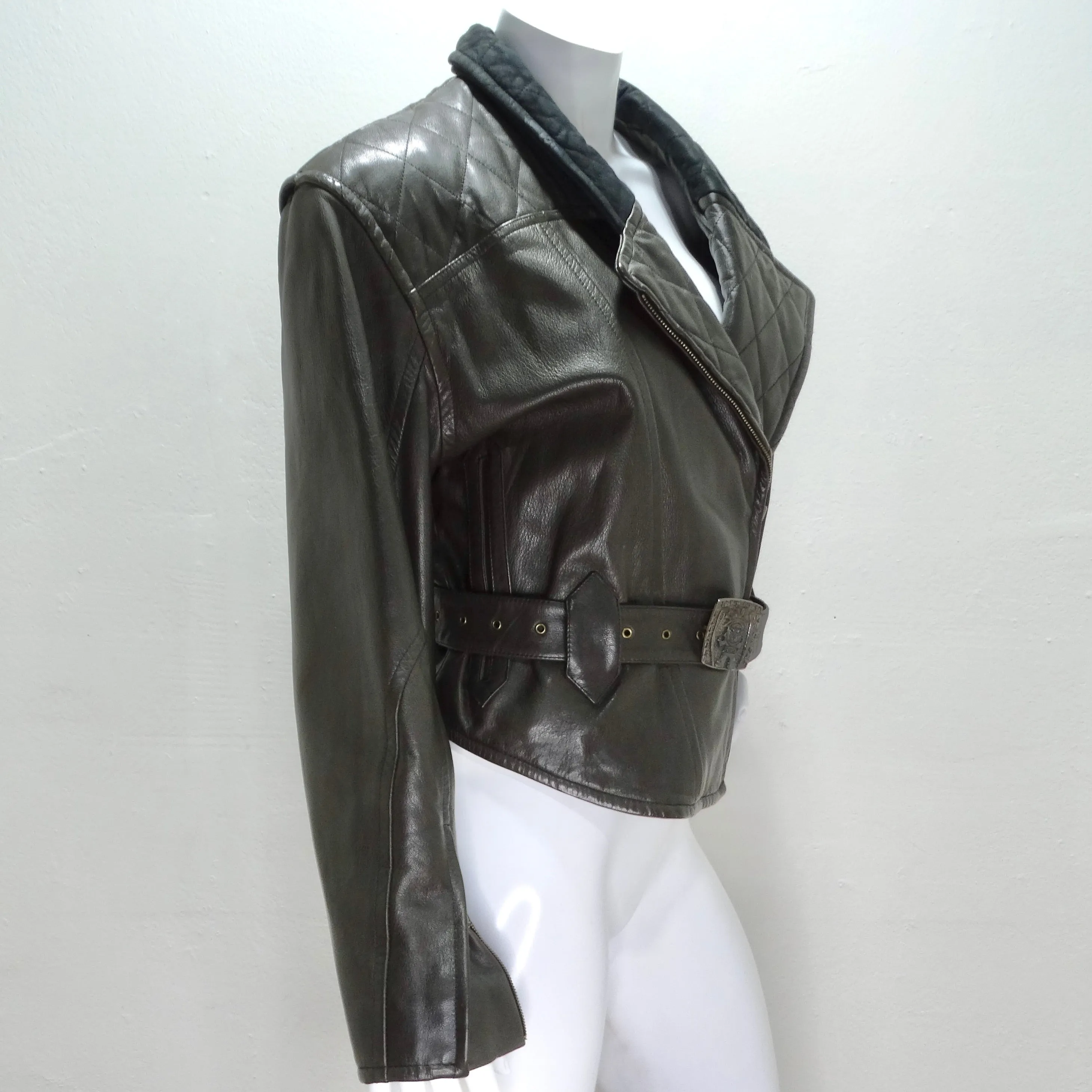 Robert Comstock 1980s Grey Belted Leather Moto Jacket