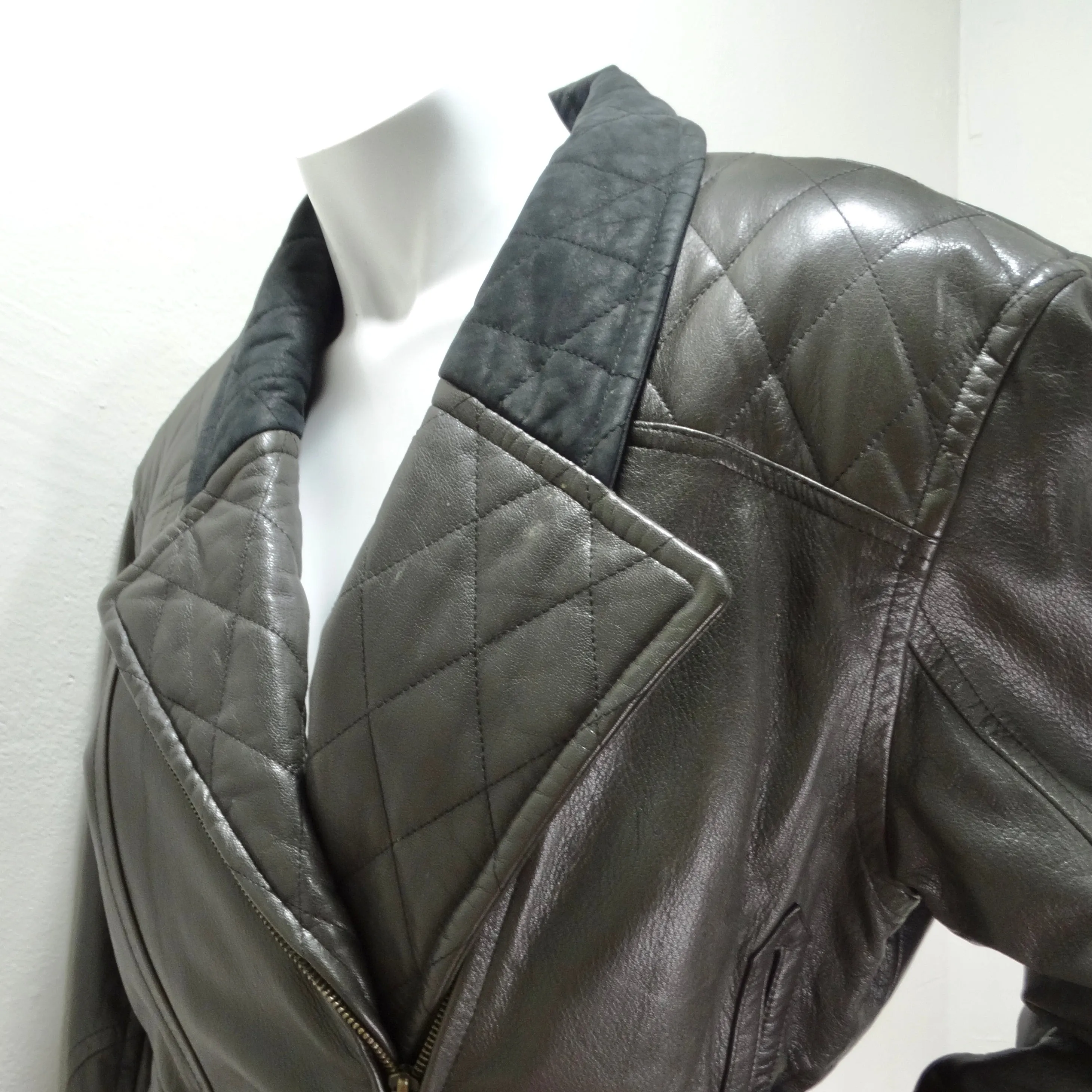 Robert Comstock 1980s Grey Belted Leather Moto Jacket