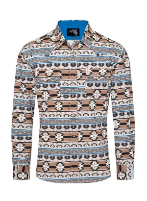 Rodeo Clothing Men's Western Pearl Snap Aztec Print Shirt in Browns