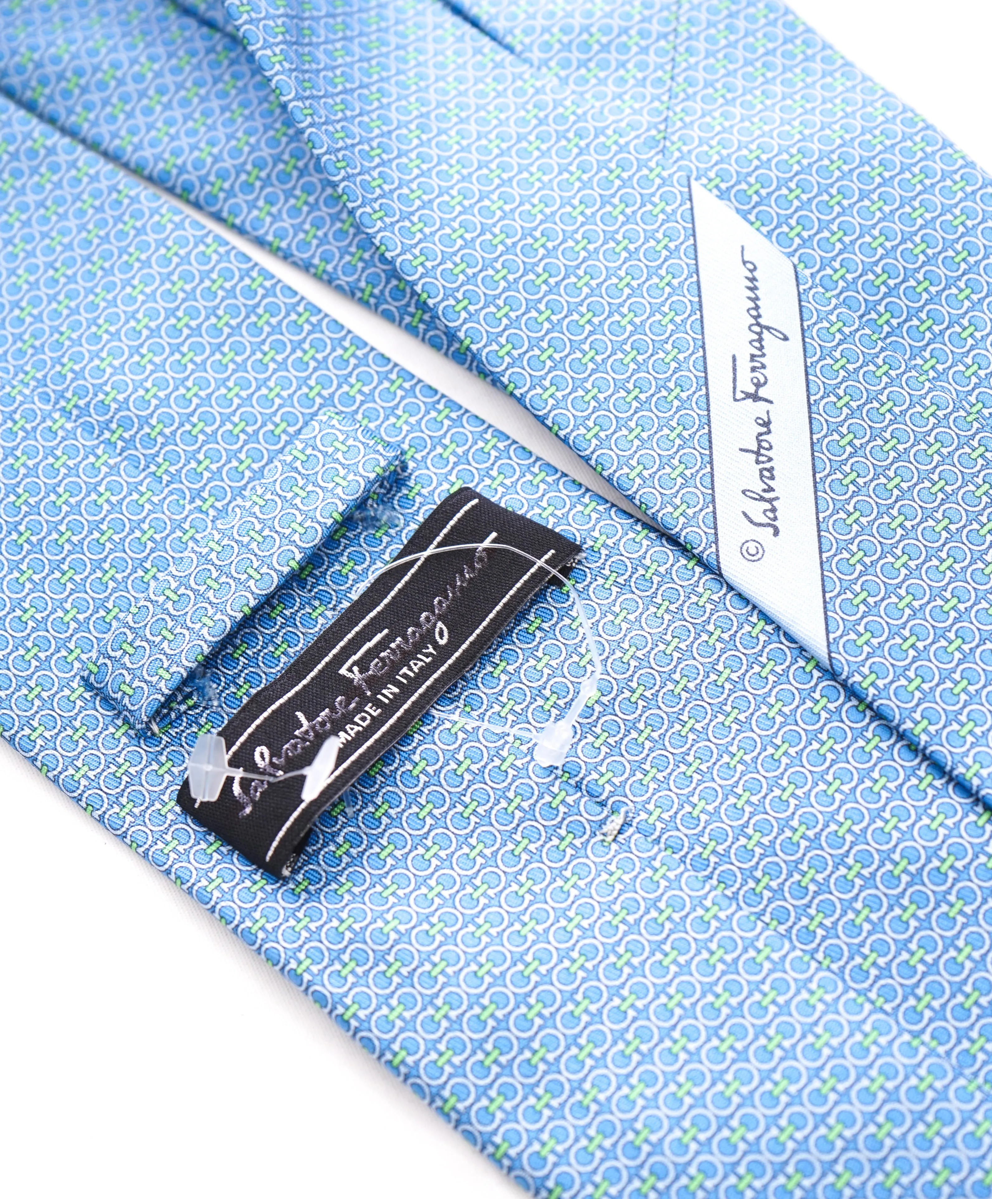 SALVATORE FERRAGAMO - Powder Blue & Green Gancini Print Tie  -