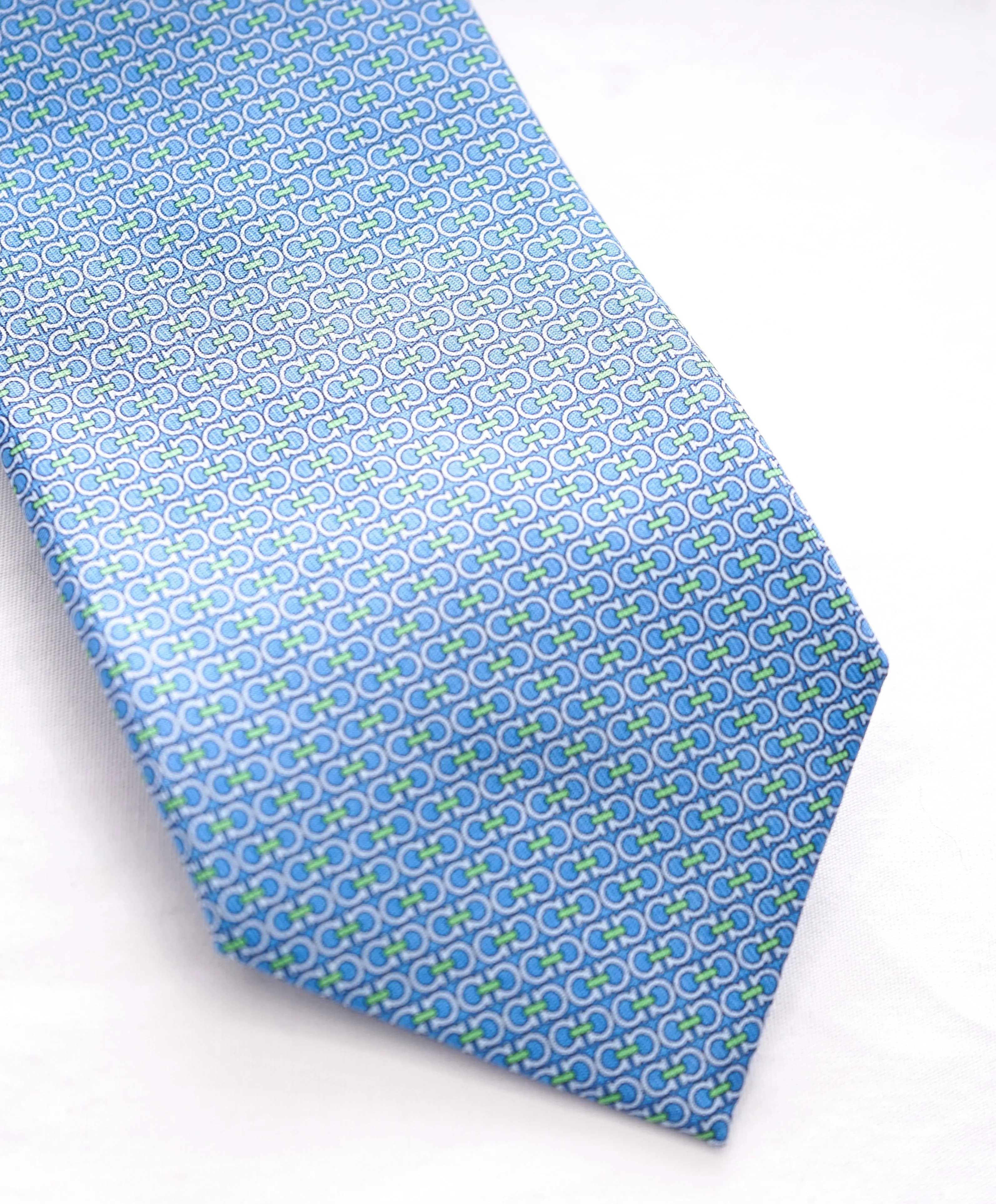 SALVATORE FERRAGAMO - Powder Blue & Green Gancini Print Tie  -