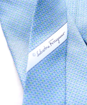 SALVATORE FERRAGAMO - Powder Blue & Green Gancini Print Tie  -