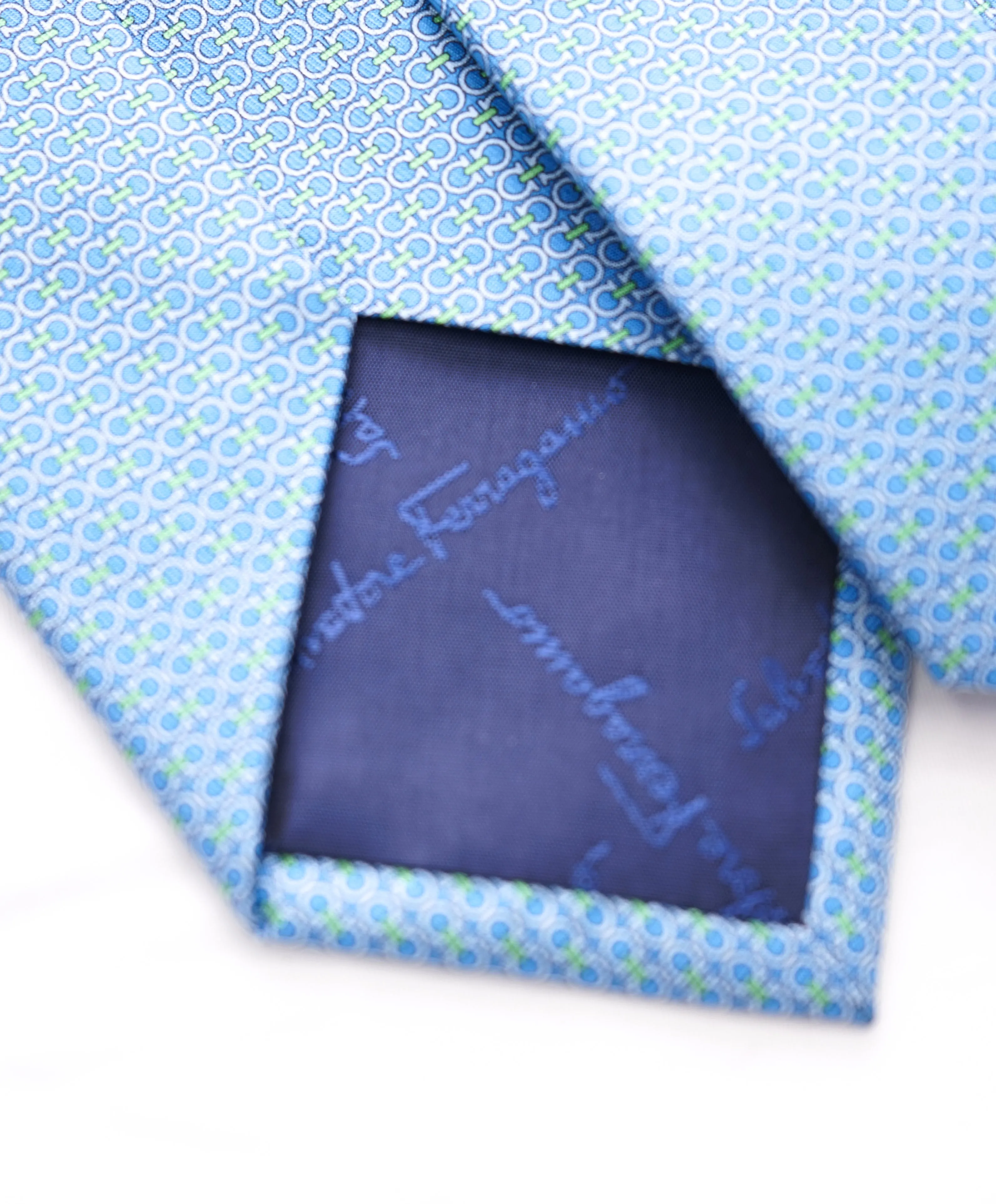 SALVATORE FERRAGAMO - Powder Blue & Green Gancini Print Tie  -