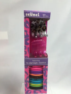 Scunci 17pcs Gift Set Brush Hair Ties Claw Clips Pink Animal Print Leopard