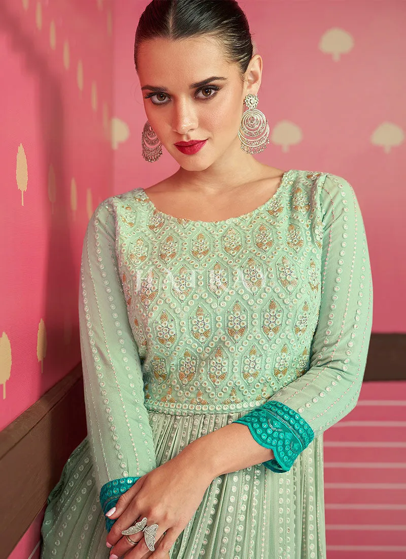 Sea Green Georgette Sequence Embroidered Wedding Palazzo Suit