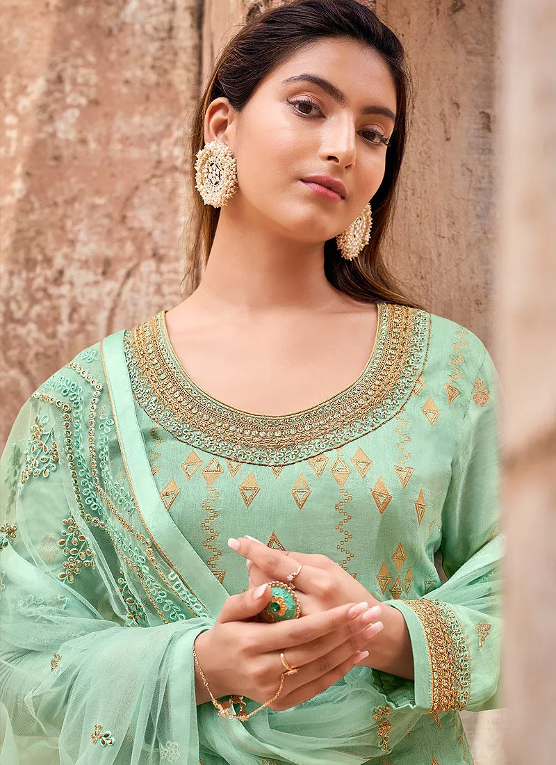 Sea Green Golden Zari Embroidered Wedding Palazzo Suit