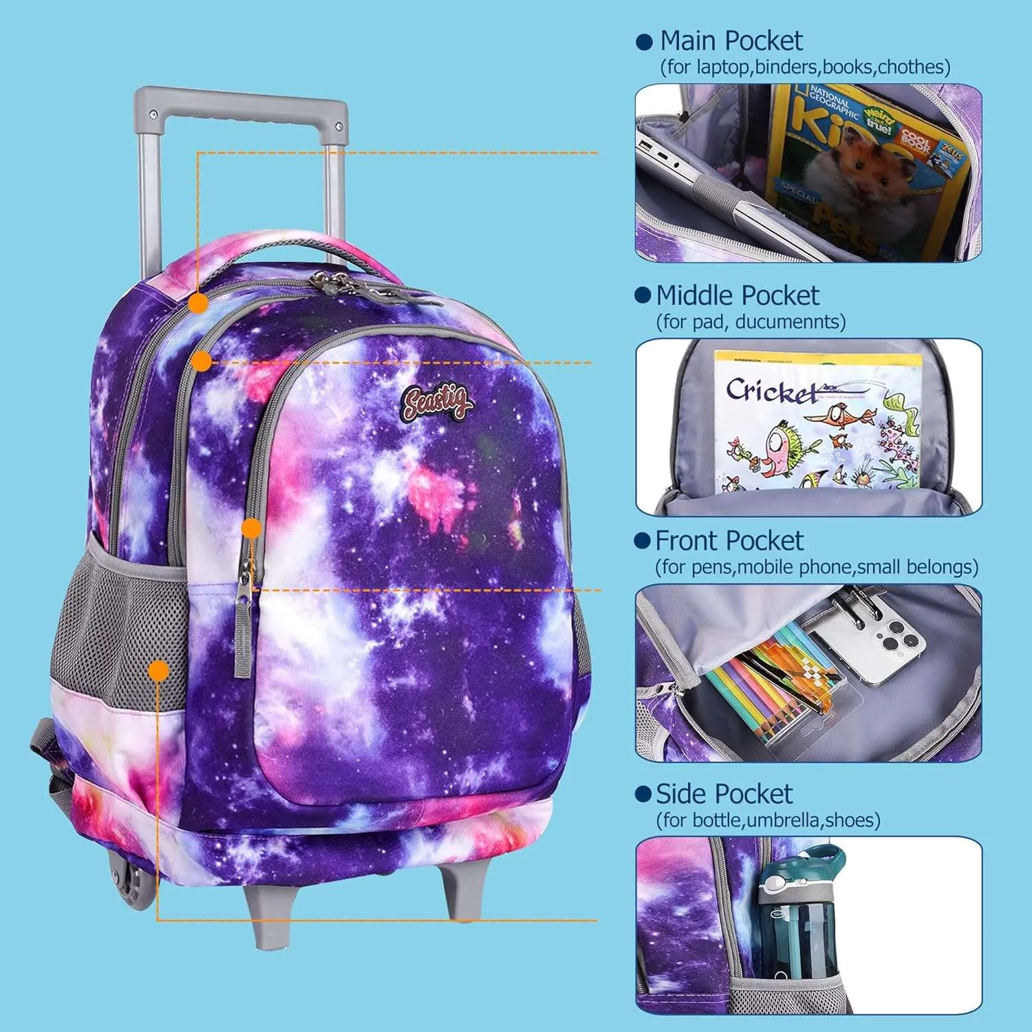 seastig 18 inch Purple Starry Sky Double Handle Rolling Backpack