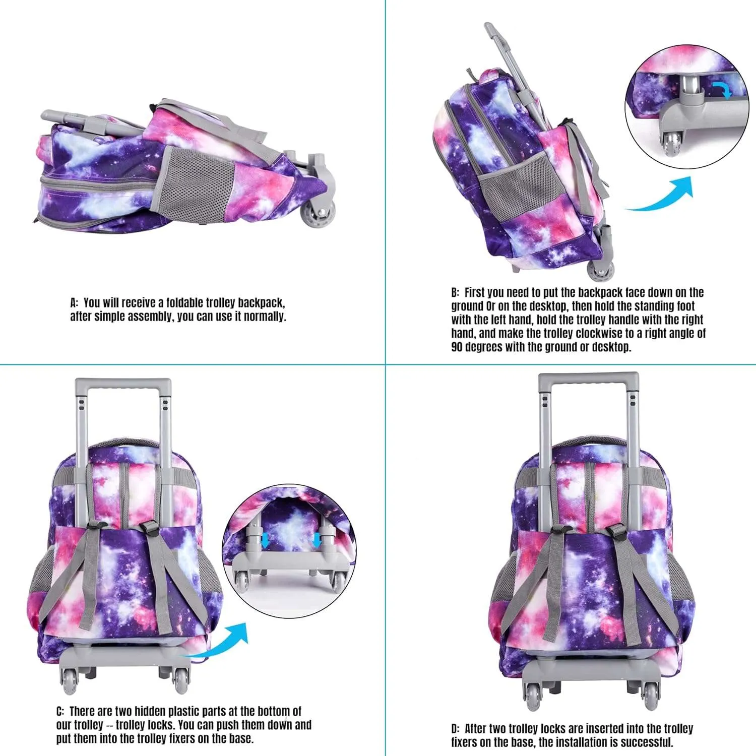 seastig 18 inch Purple Starry Sky Double Handle Rolling Backpack