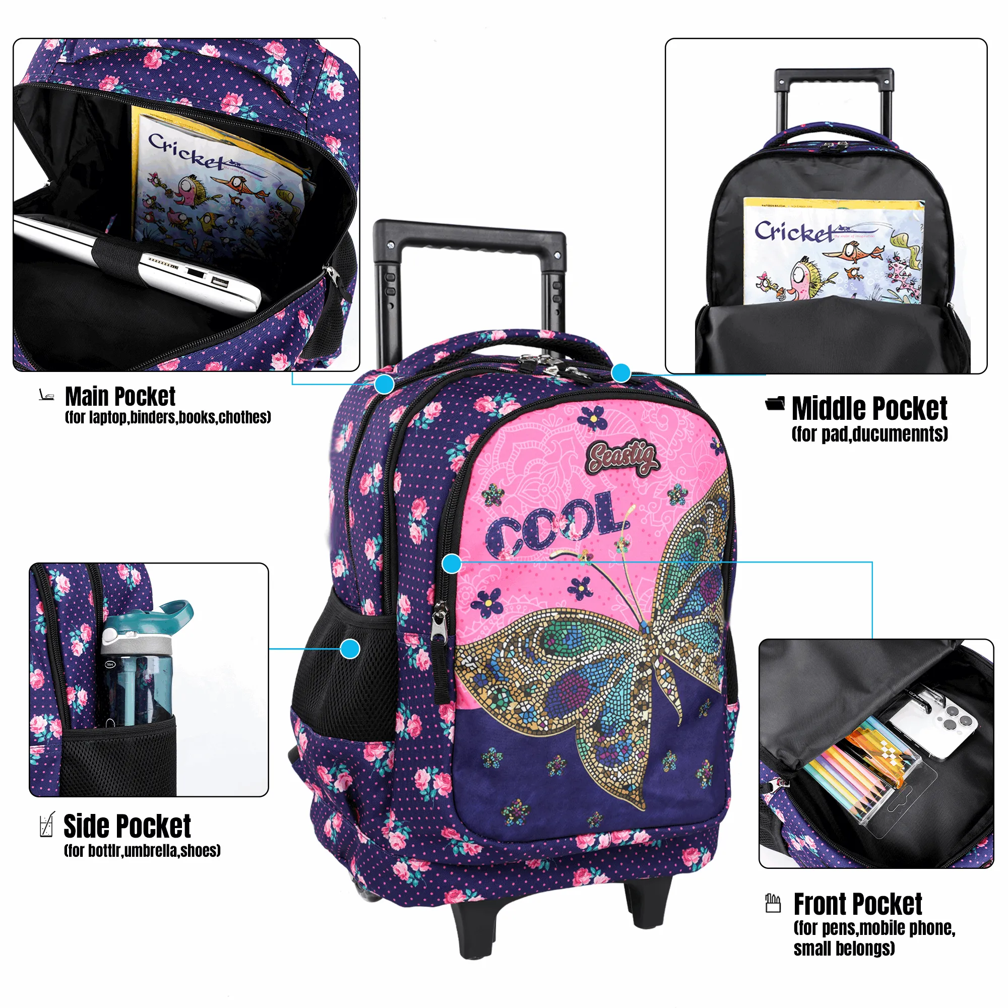 Seastig Black Butterfly 18 inch Rolling Backpack with Lunch Bag and Pencil Case Set