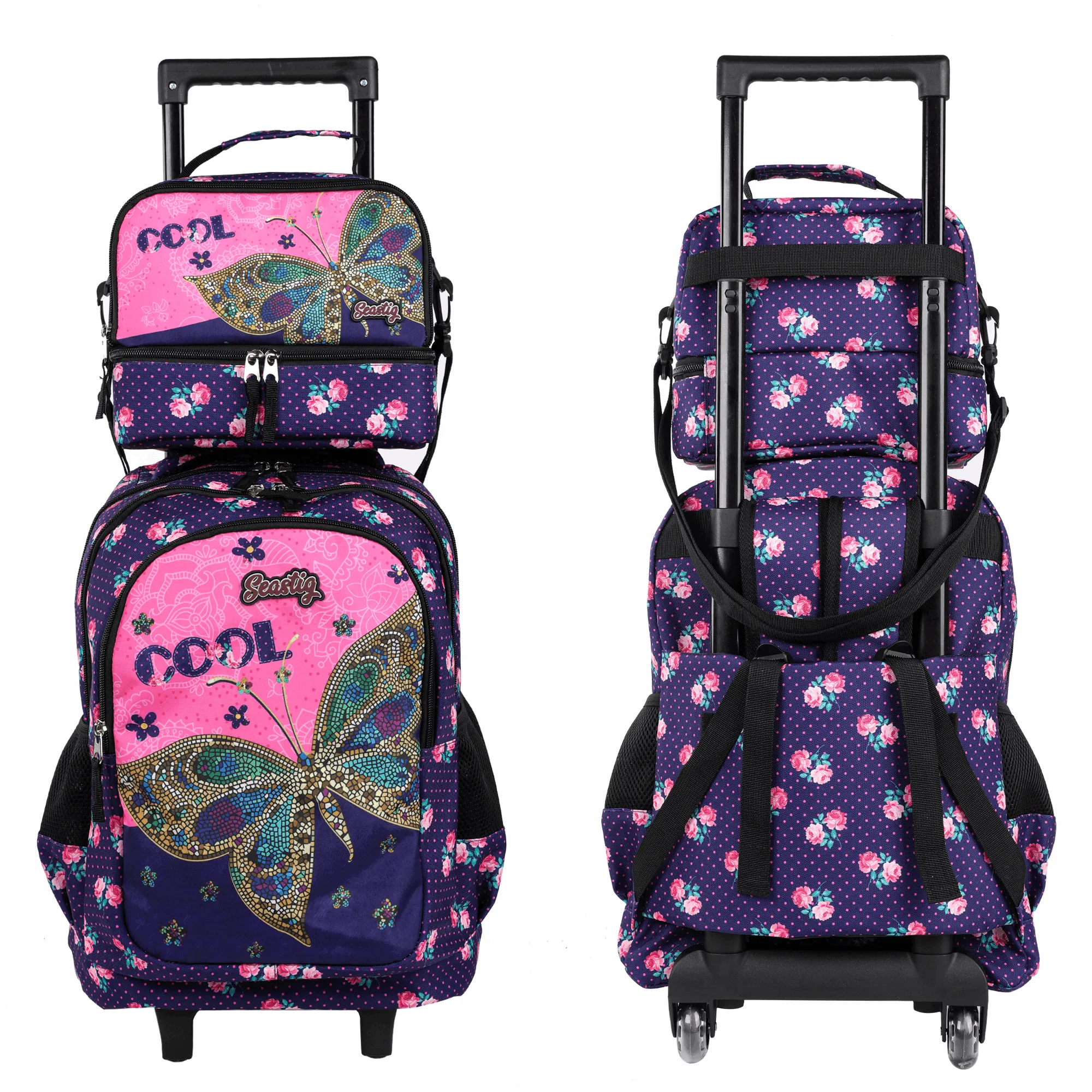 Seastig Black Butterfly 18 inch Rolling Backpack with Lunch Bag and Pencil Case Set