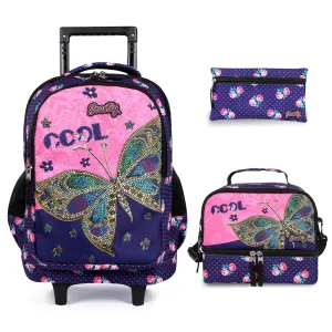 Seastig Black Butterfly 18 inch Rolling Backpack with Lunch Bag and Pencil Case Set